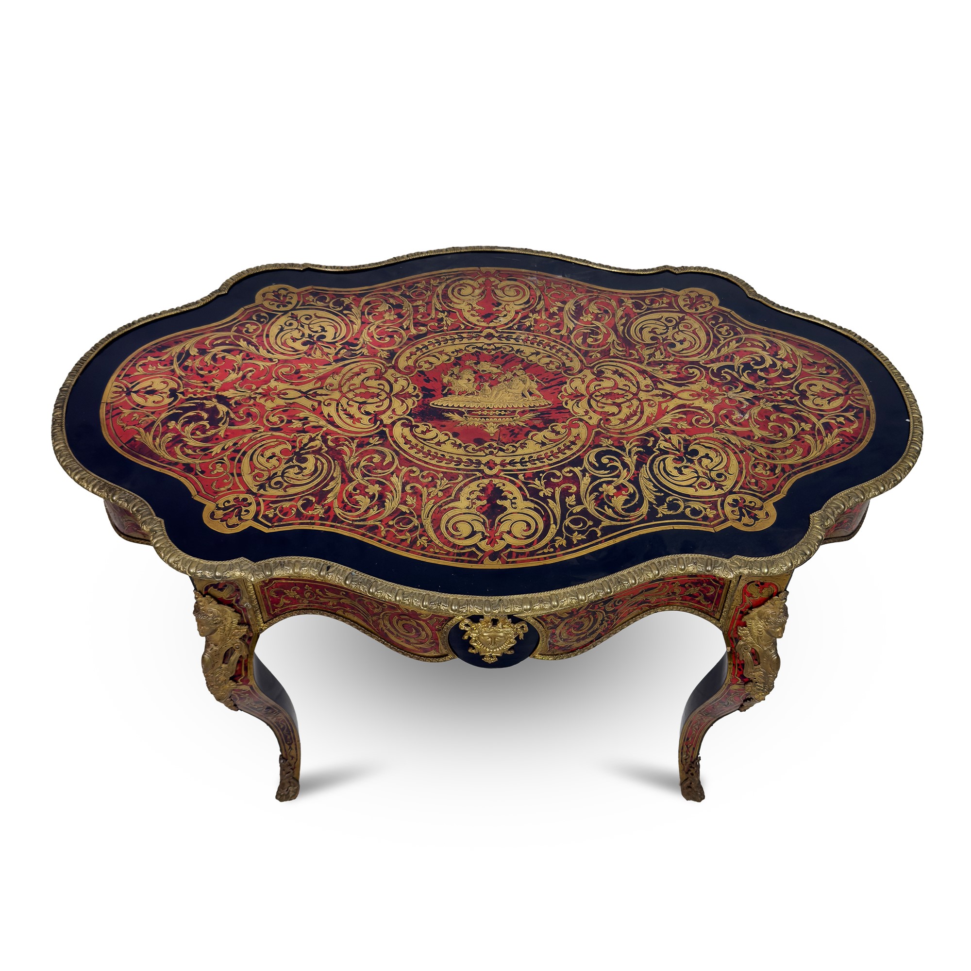 Tavolo da centro in legno ebanizzato decorato nello stile di Boulle, Francia, XIX secolo