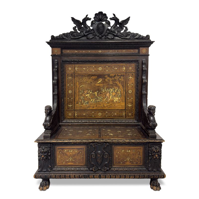 Panca da androne in noce e legno ebanizzato, XIX secolo