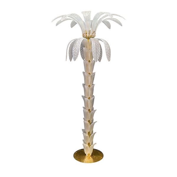 Lampada da terra in forma di palma con foglie di vetro bianco, Murano