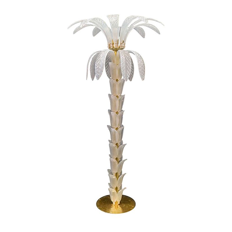 Lampada da terra in forma di palma con foglie di vetro bianco, Murano