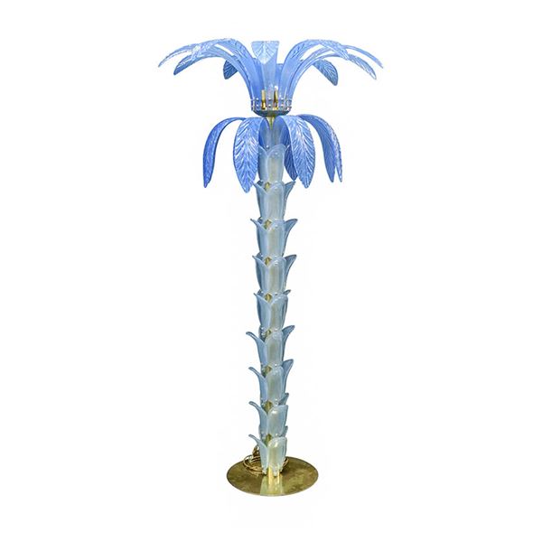 Lampada da terra in forma di palma con foglie di vetro azzurro, Murano