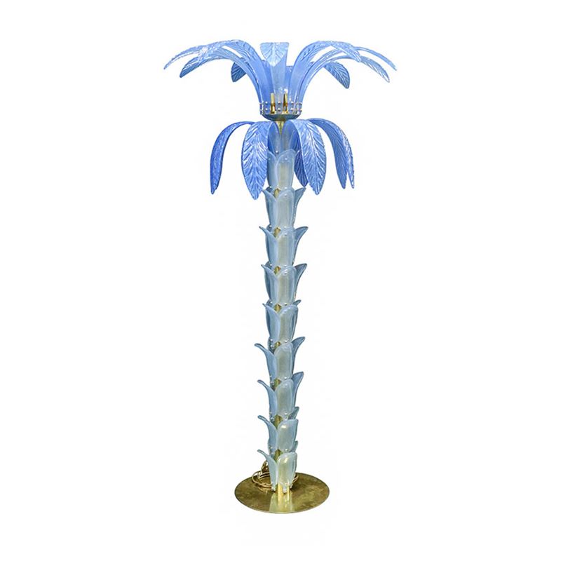 Lampada da terra in forma di palma con foglie di vetro azzurro, Murano