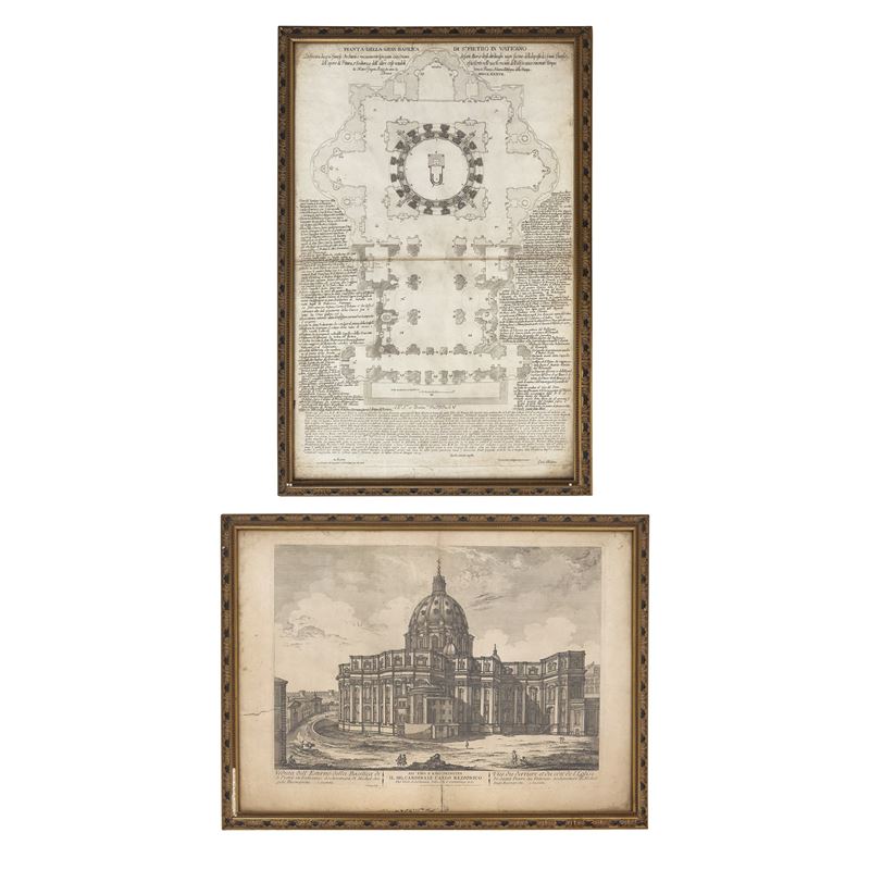 Due incisioni, Veduta dell’Esterno della Basilica di S. Pietro e Pianta della Gran Basilica di S....