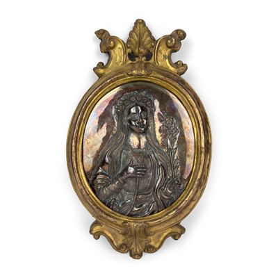 Santa Rosalia, Placca Ovale in Rame Sbalzato Dorato e Argentato, XVIII Secolo