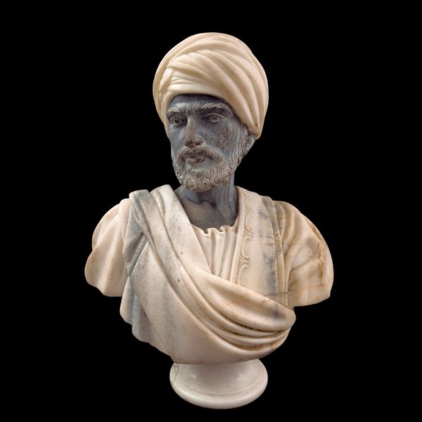 Busto di arabo con turbante in marmo bianco e nero