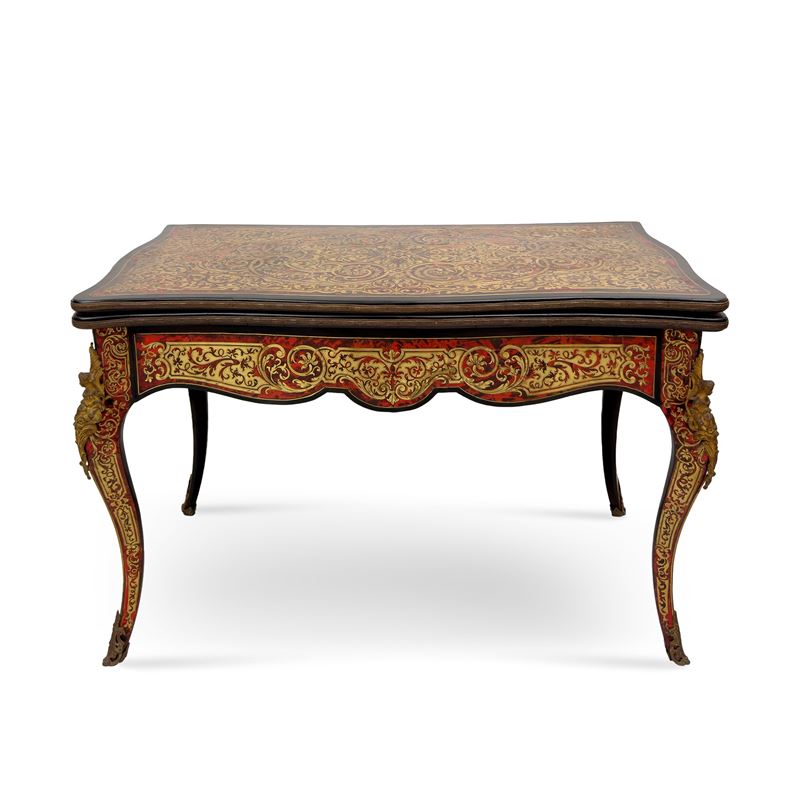 Tavolo da gioco in legno ebanizzato decorato alla maniera di Boulle, Francia XIX secolo