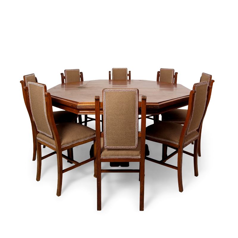 Grande tavolo di rovere con piano ottagonale, anni '40