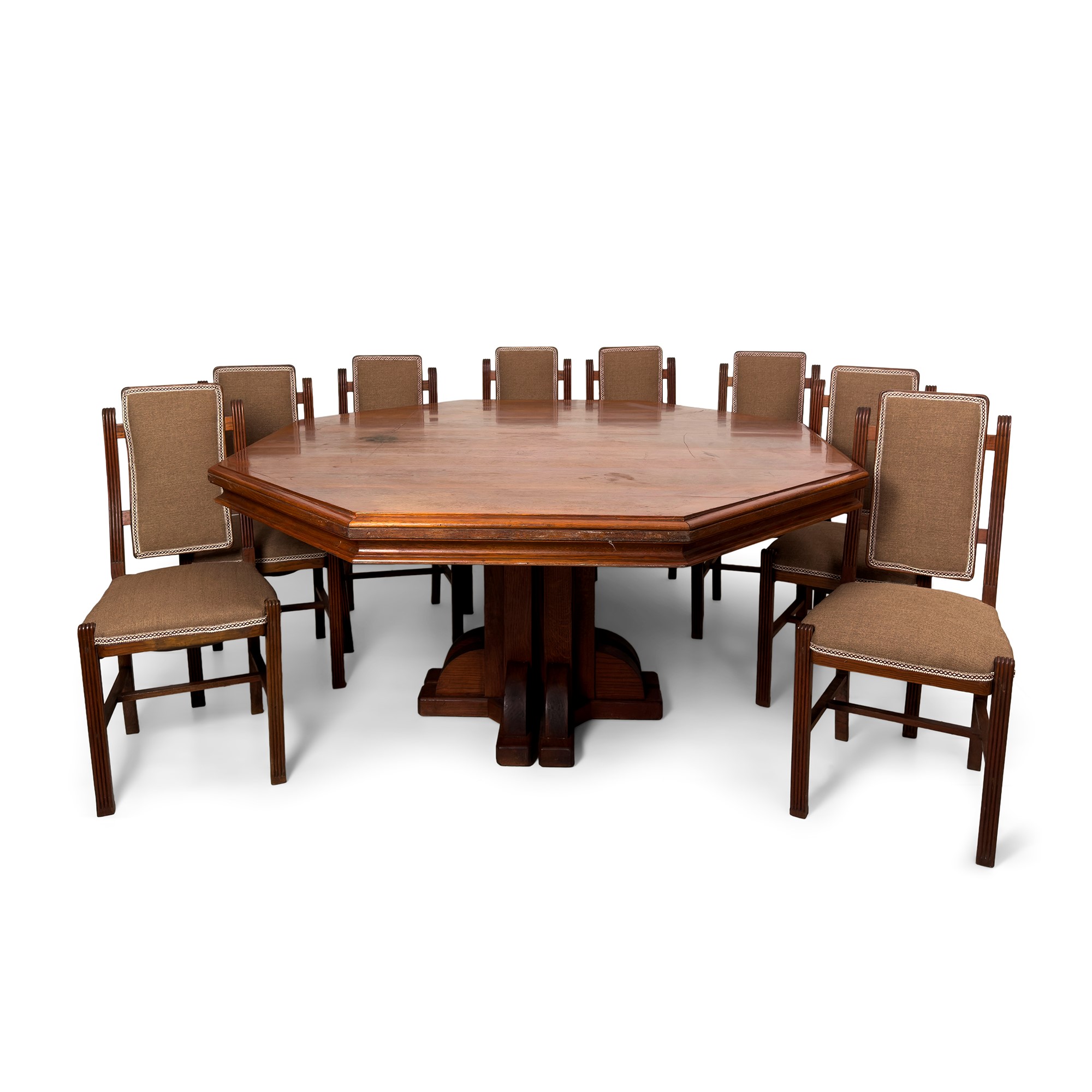 Grande tavolo di rovere con piano ottagonale, anni '40