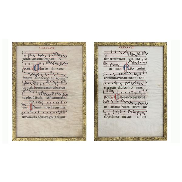 Due pagine di antifonario dipinte recto/verso, fine del XVI secolo