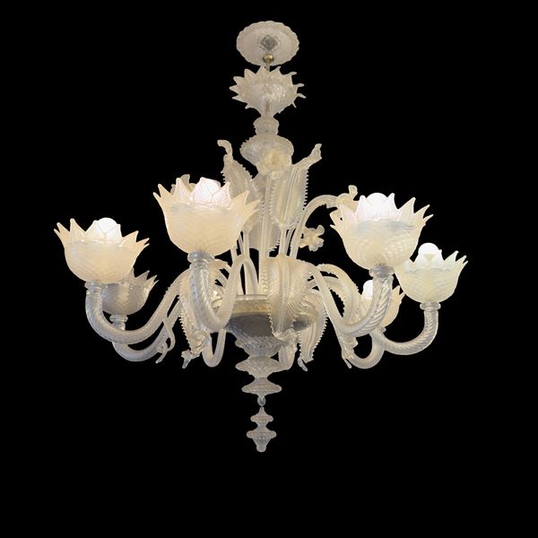 Lampadario in vetro incolore a otto luci, Murano