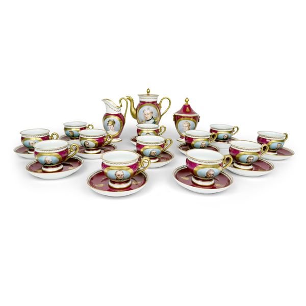 Servizio da caffè in porcellana bianca, rosso carminio e dorata, Francia, Limoges
