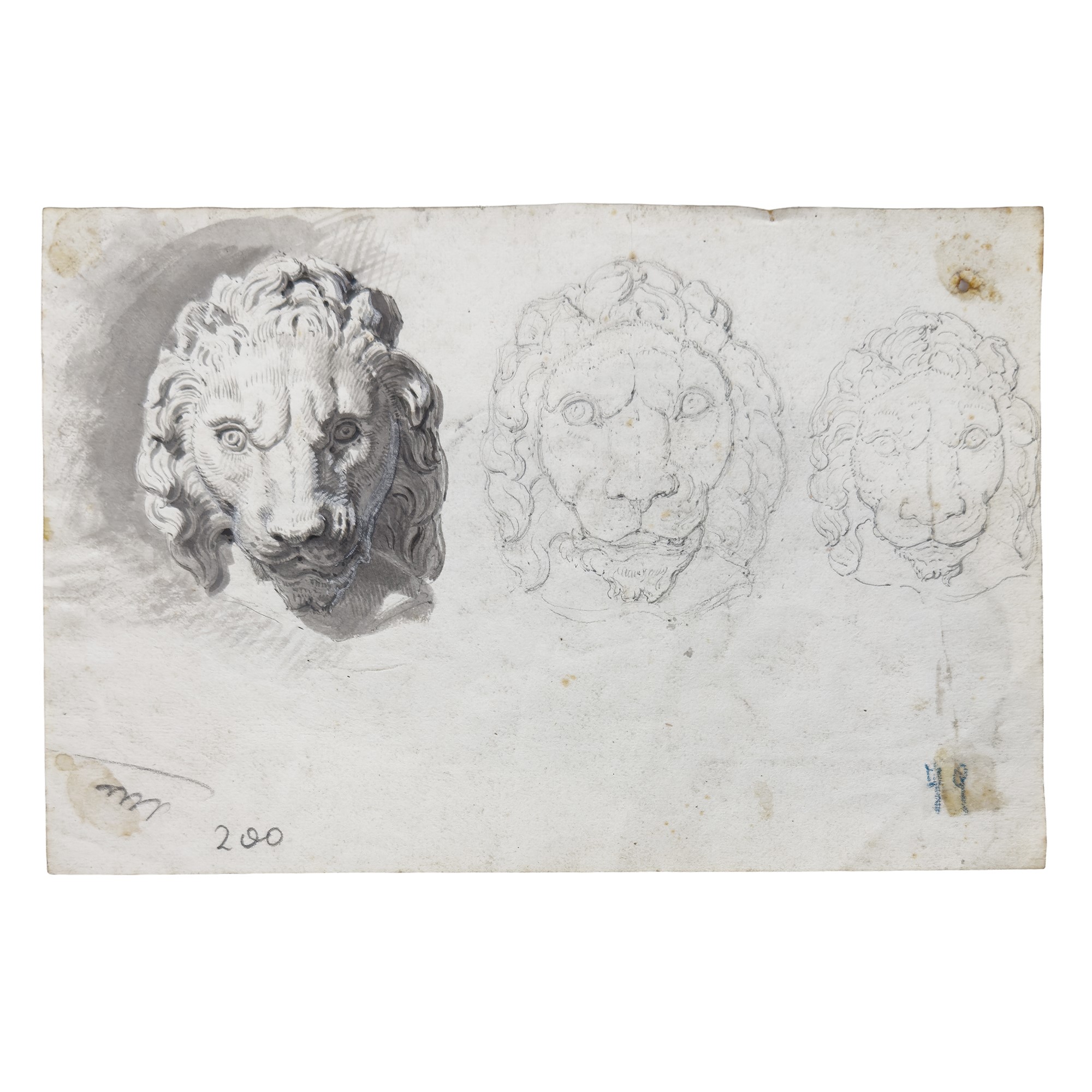 Cesare Maccari, Leoni accovacciati – Studio per una testa di leone, disegno a matita su carta