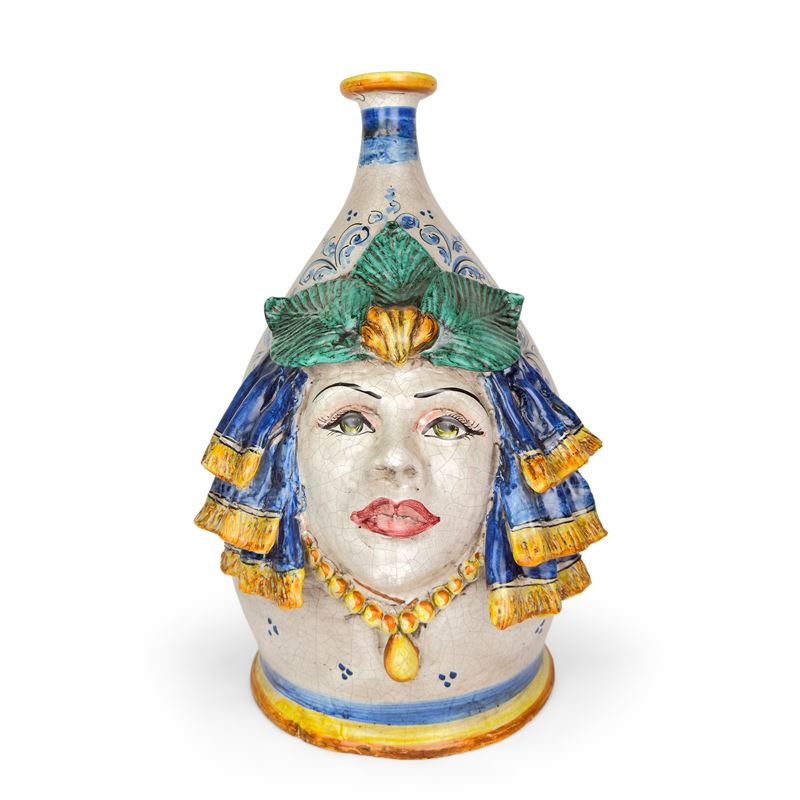 Fiasca in Maiolica Craquelée Bianca e Policroma, Caltagirone, Dolce