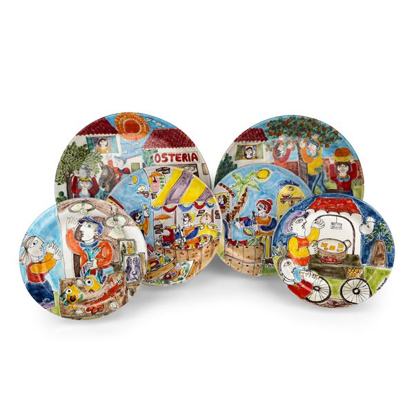 Tre coppie di piatti in maiolica policroma, manifatture La Musa e De Simone