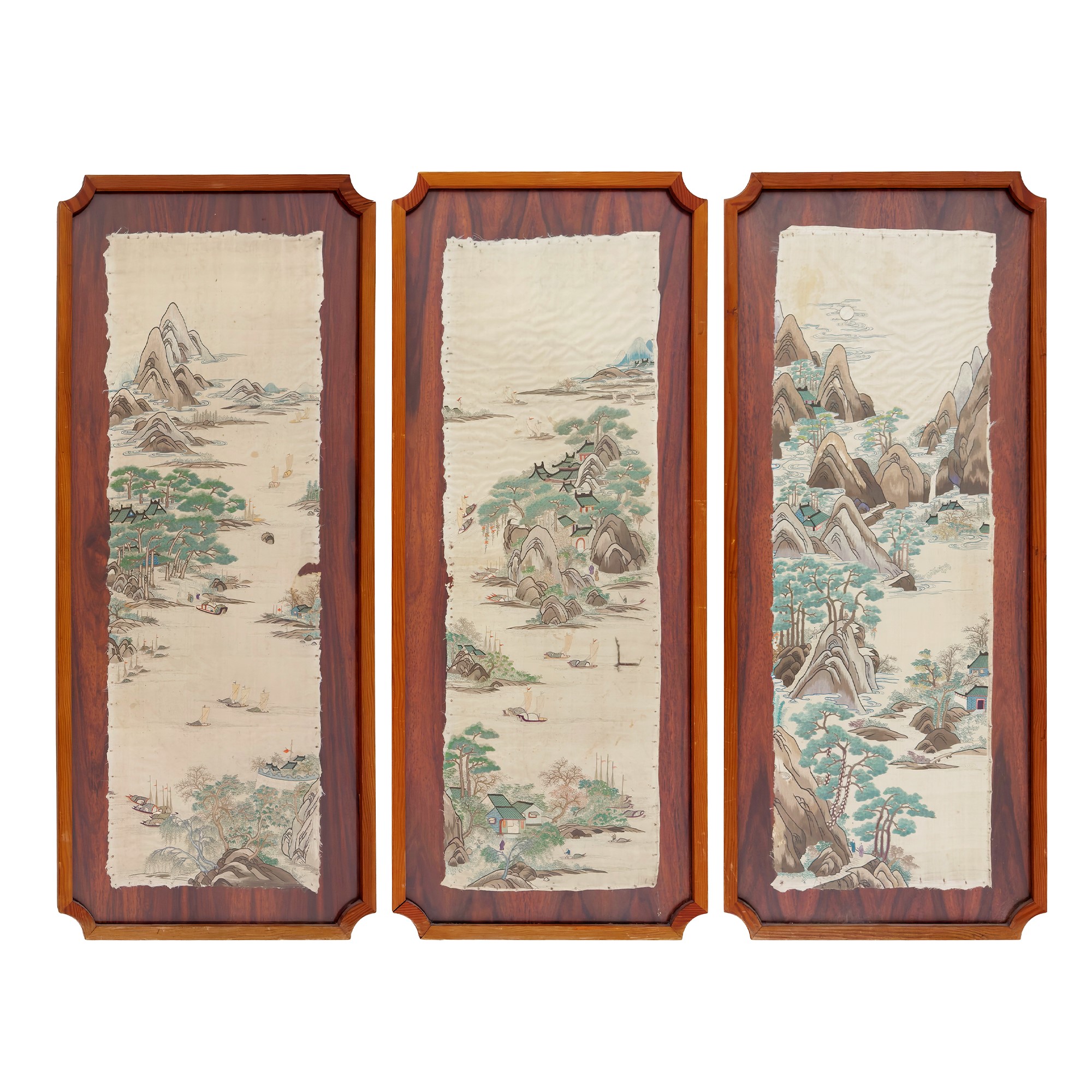 Tre pannelli in seta, Cina, fine del XIX secolo