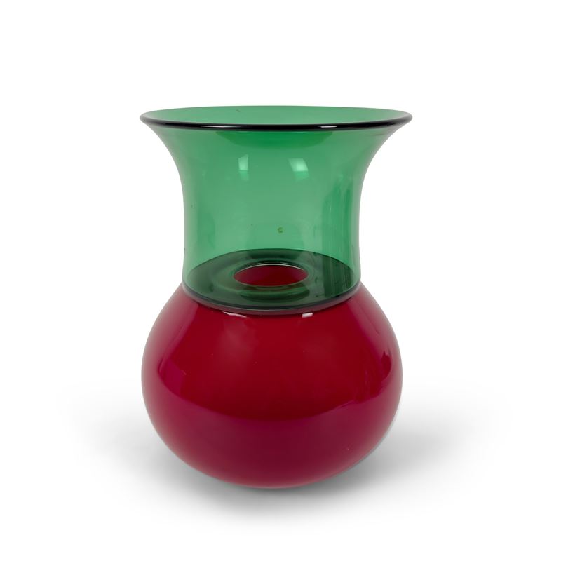 Vaso in vetro verde e rosso, Murano, Paolo Crepax