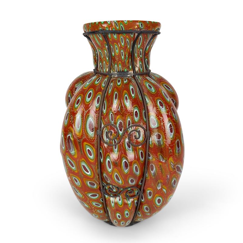 Vaso in vetro arancione decorato a murrine, Murano, Fucina De Rossi