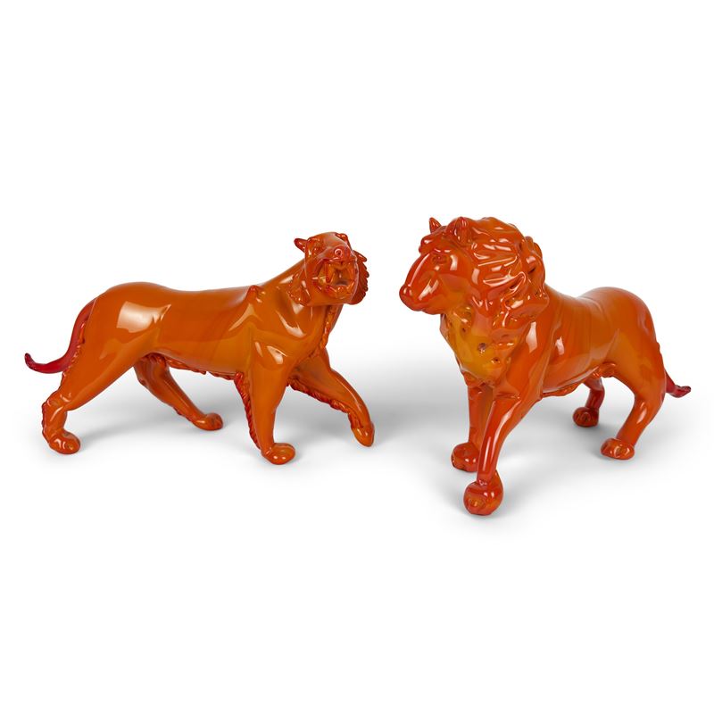 Leone e tigre in vetro arancione, Murano, Vetreria Bisanzio