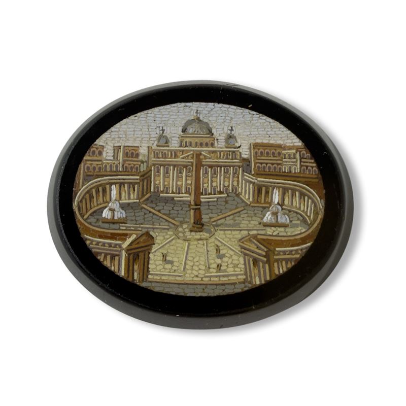 Placchetta ovale in vetro nero con micromosaico, Roma, fine del XIX secolo