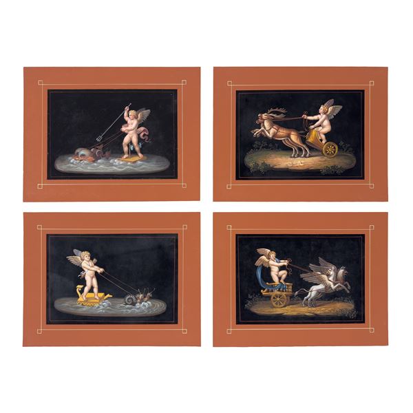 Allegorie con Cupido, quattro gouaches