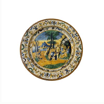 Piatto istoriato, maiolica bianca e policroma