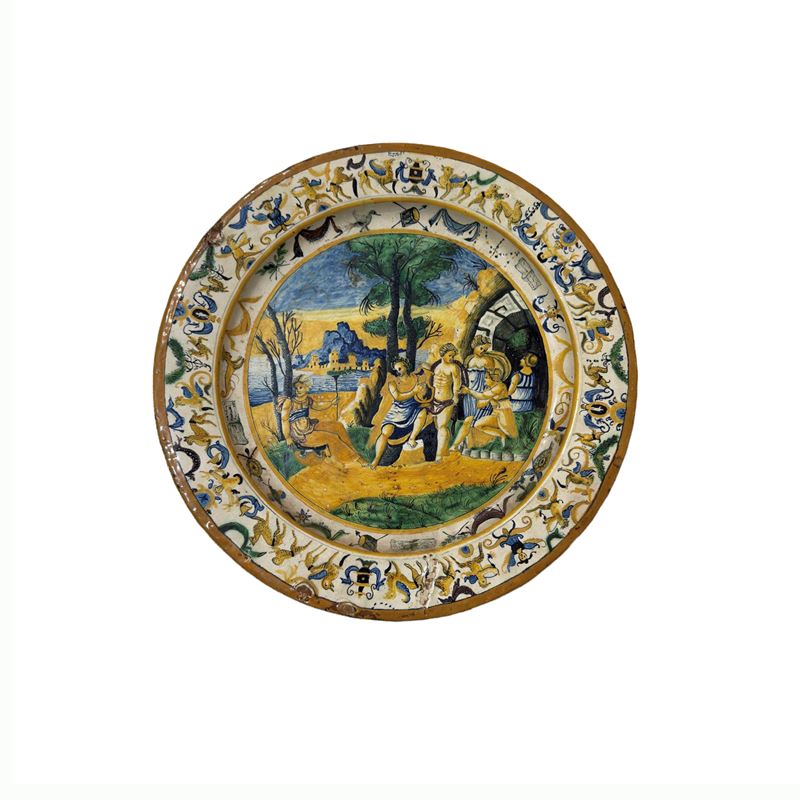Piatto istoriato, maiolica bianca e policroma