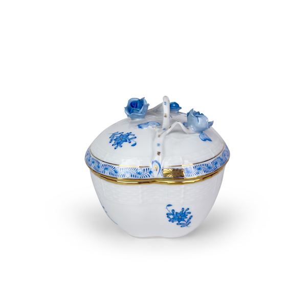 Scatola con coperchio in porcellana bianca, azzurra e dorata, Herend