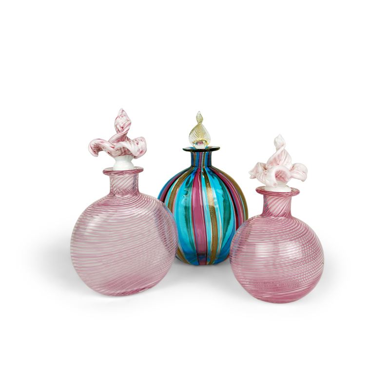 Tre Piccole Bottiglie in Vetro Soffiato Rosa e Policromo