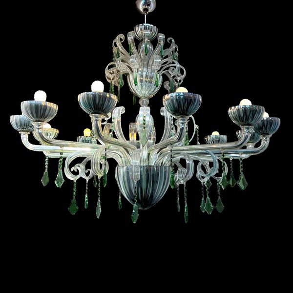 Lampadario in vetro incolore a dodici luci, Murano
