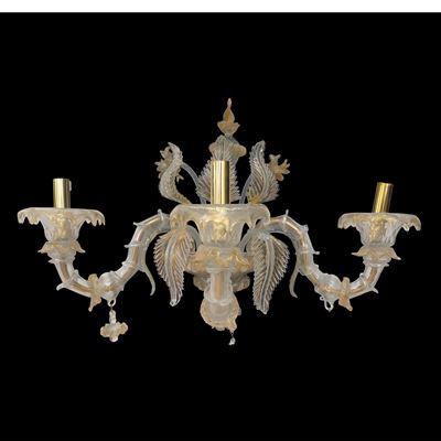 Coppia di appliques, vetro incolore e dorato di Murano