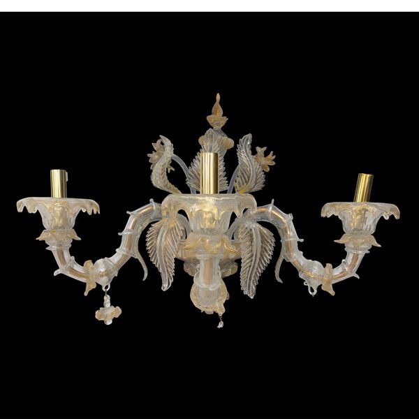 Coppia di appliques in vetro incolore e dorato, Murano