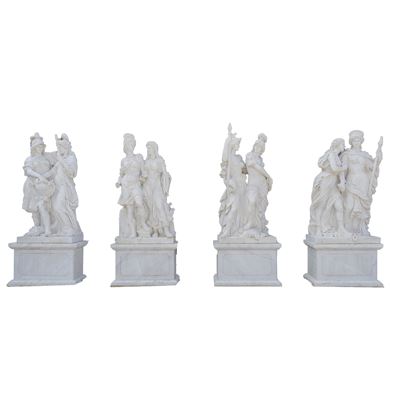 Quattro gruppi scultorei in marmo bianco, figure allegoriche panneggiate