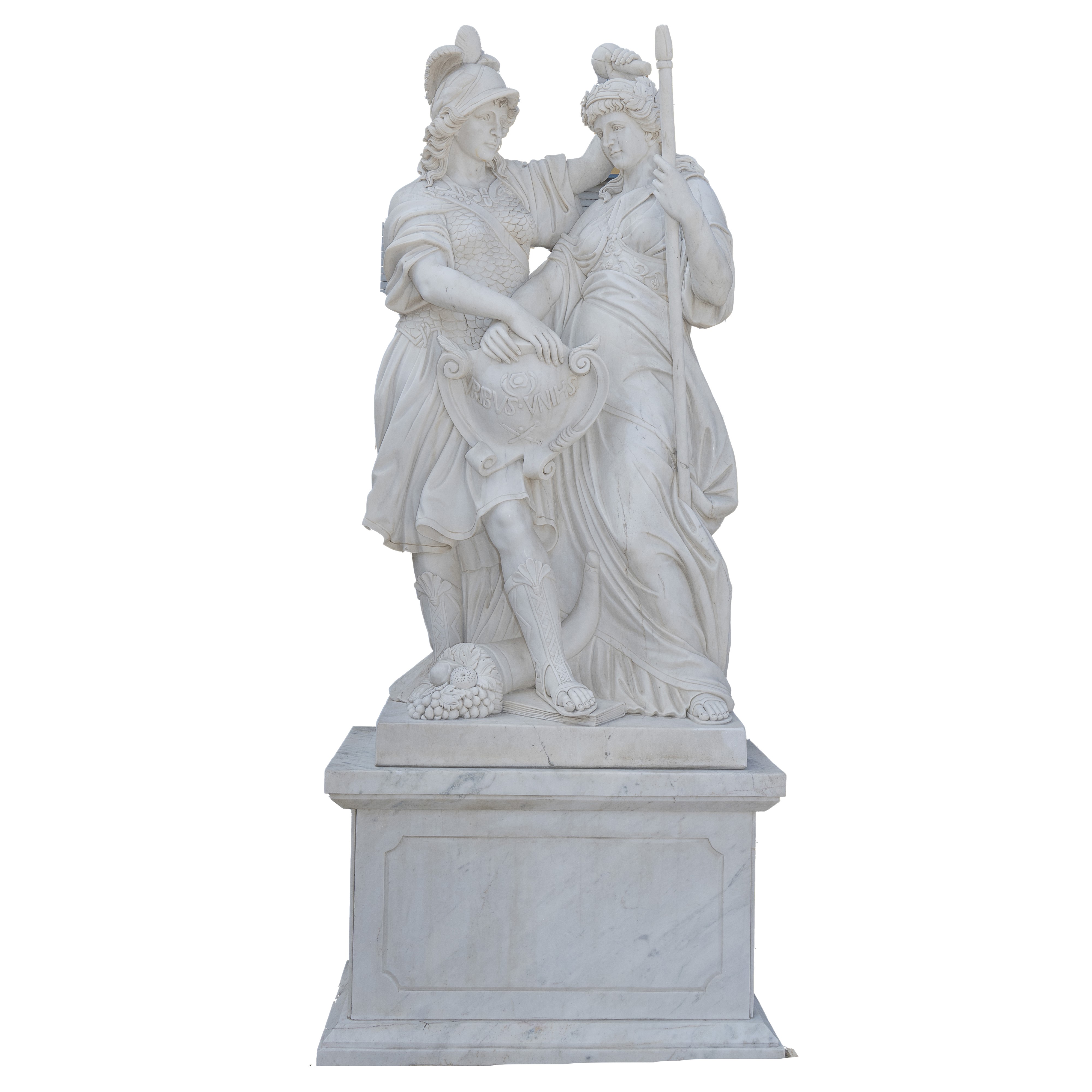 Quattro gruppi scultorei in marmo bianco, figure allegoriche panneggiate