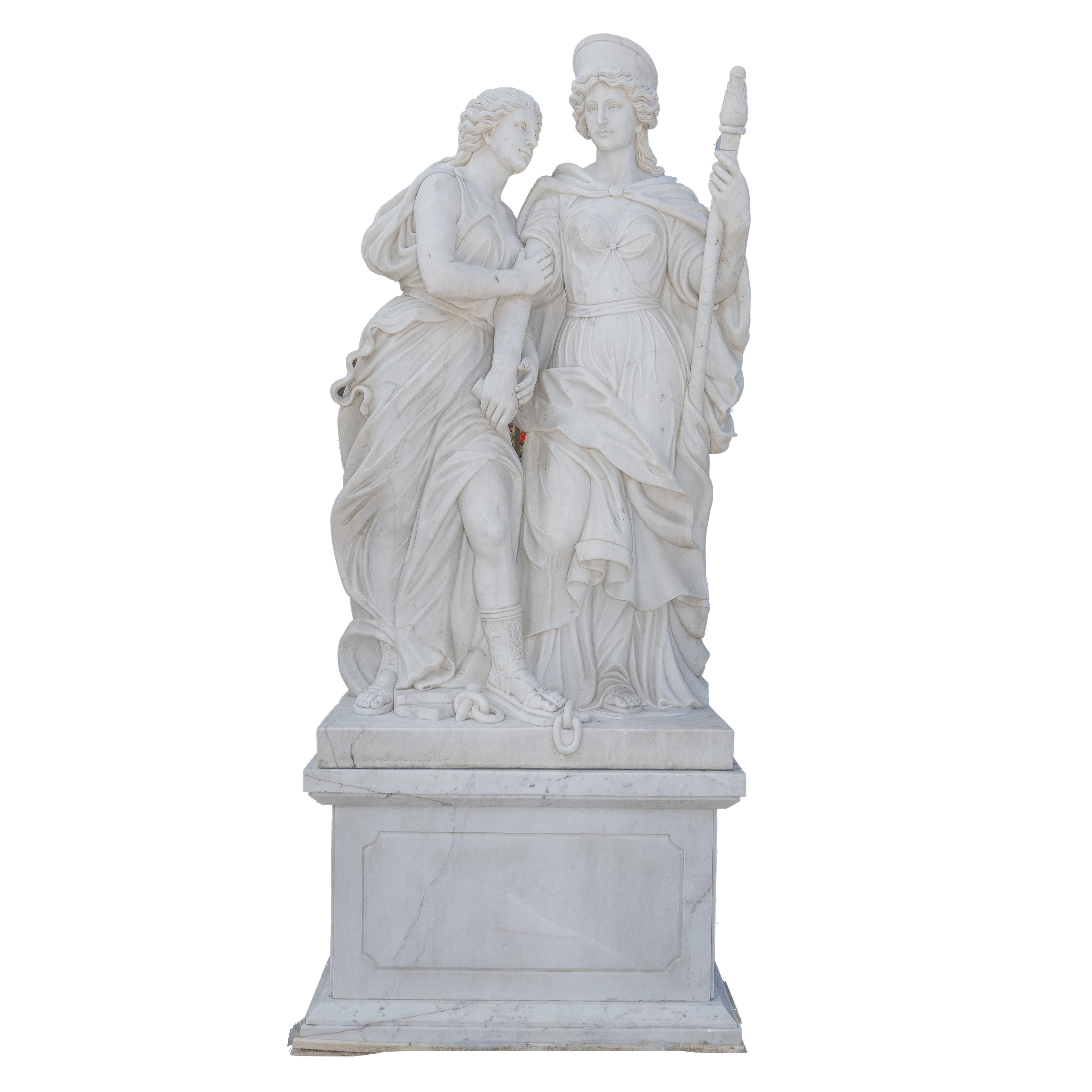 Quattro gruppi scultorei in marmo bianco, figure allegoriche panneggiate
