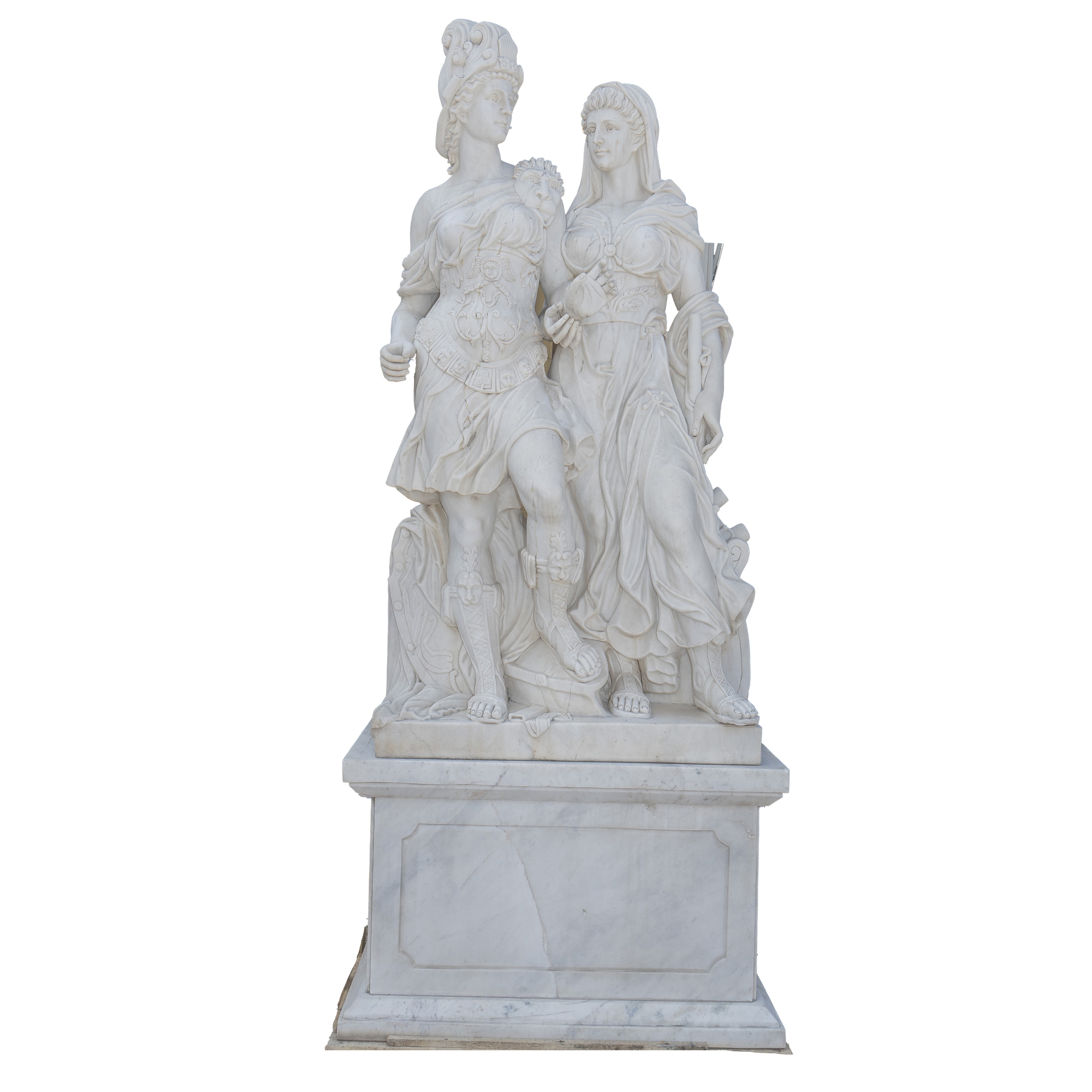 Quattro gruppi scultorei in marmo bianco, figure allegoriche panneggiate