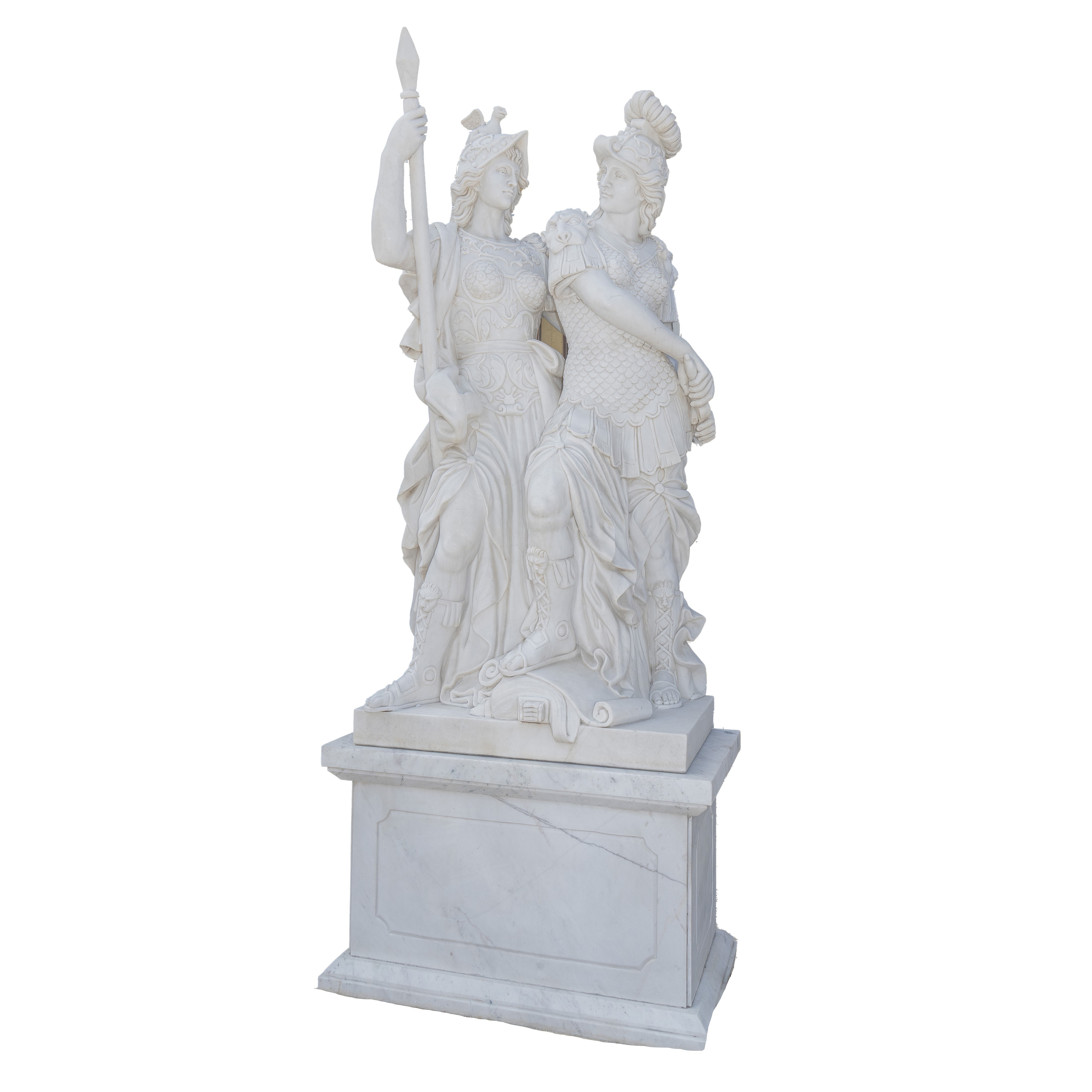 Quattro gruppi scultorei in marmo bianco, figure allegoriche panneggiate