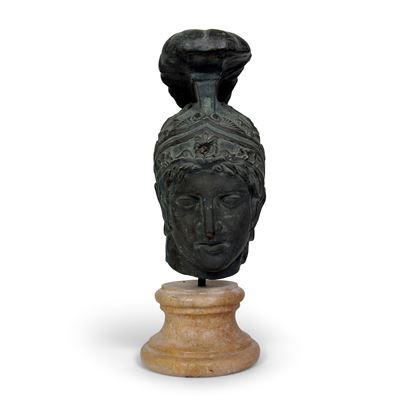 Bronzo patinato, Testa di Marte (scultura) su base tornita in marmo