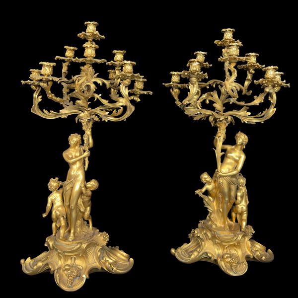 Coppia di flambeaux in bronzo dorato, Francia, XIX secolo