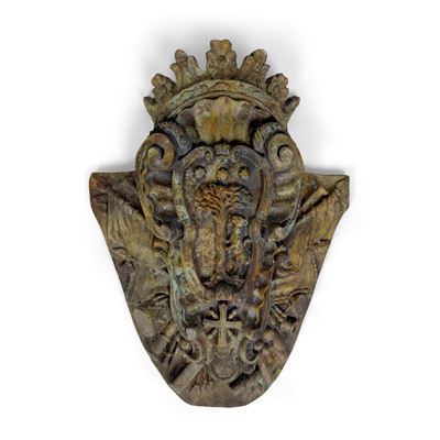 Stemma nobiliare, bronzo patinato con albero, leone rampante e tre stelle