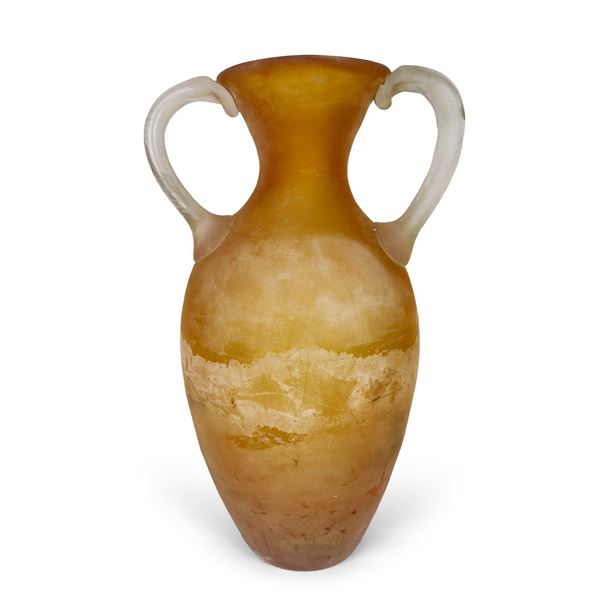Vaso biansato in vetro "scavo" giallo, Murano
