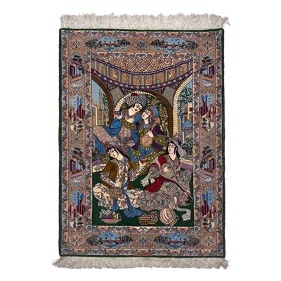 Tappeto Isfahan, interno con scena galante, vello in lana e seta