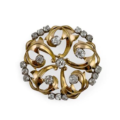 Spilla in oro giallo 18 kt, forma circolare con brillanti a taglio vecchio