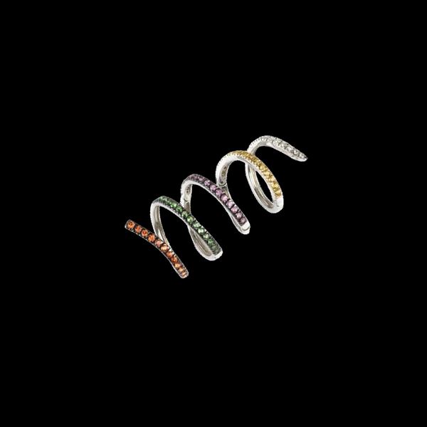 Anello a spirale mobile in oro bianco 18kt. con pietre di sintesi colorate taglio tondo