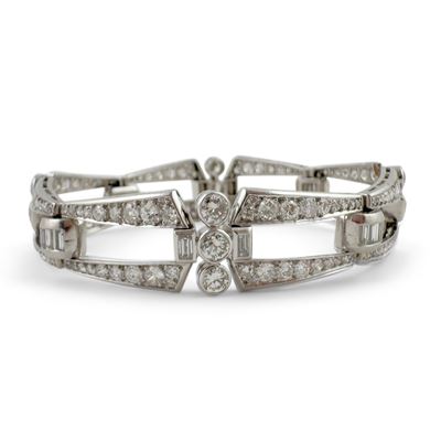 Bracciale Art Déco in platino a maglie rettangolari con brillanti (ct. 10 ca.), 19 cm