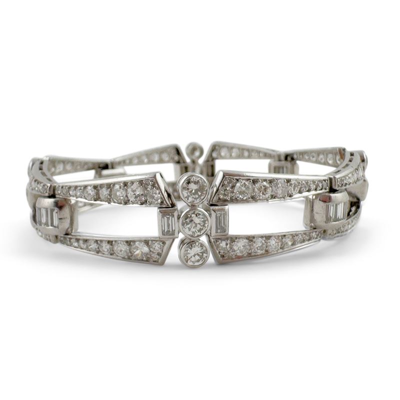 Bracciale Art Déco in platino a maglie rettangolari con brillanti (ct. 10 ca.), 19 cm