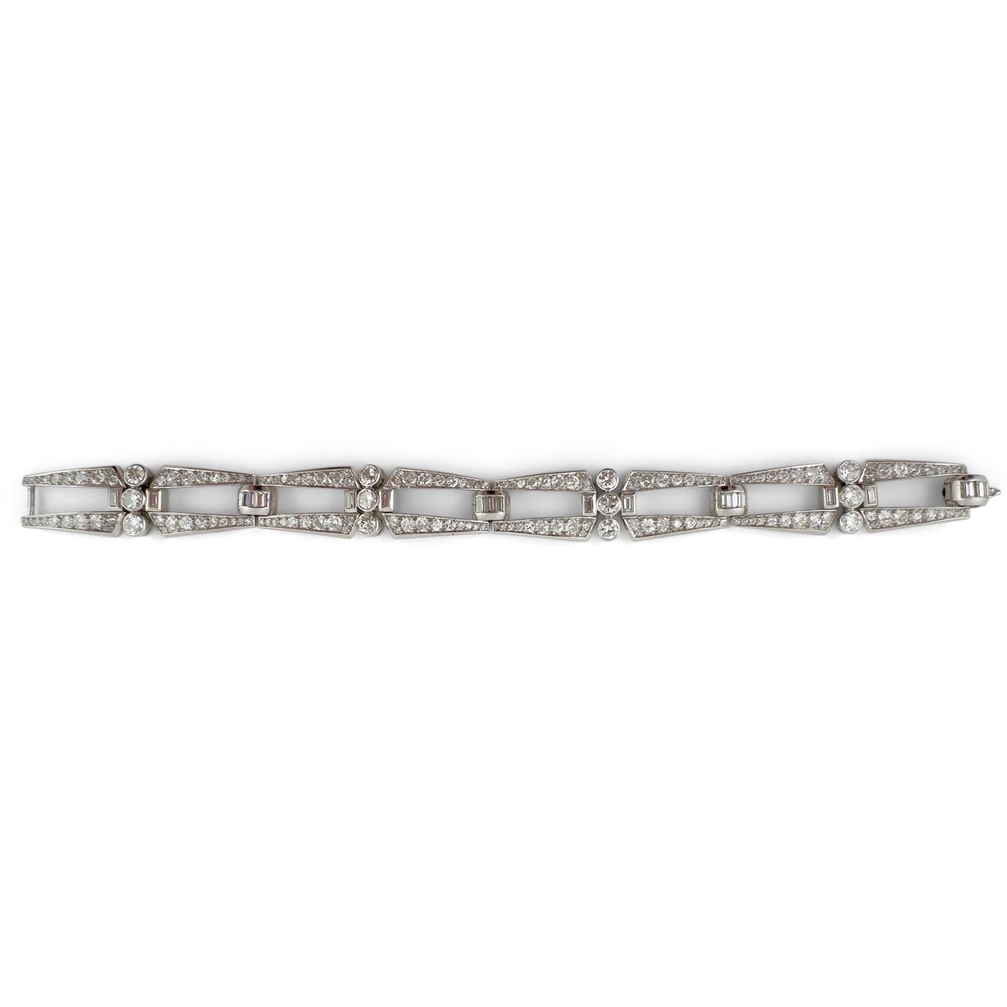 Bracciale Art Déco in platino a maglie rettangolari con brillanti (ct. 10 ca.), 19 cm
