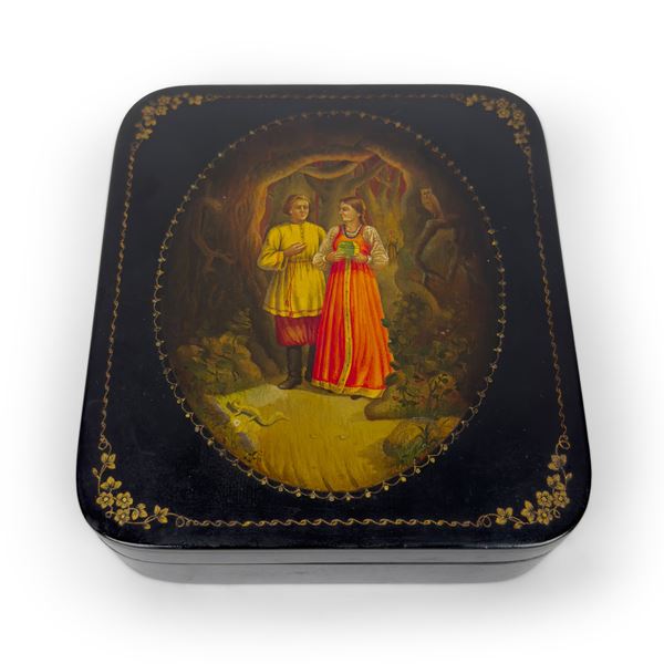 Cofanetto laccato della scuola artistica russa (verosimilmente Fedoskino), XIX secolo