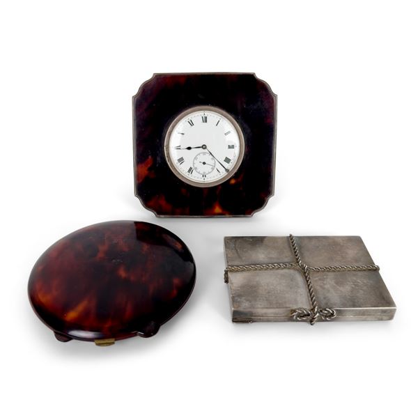 Portacipria e sveglia in tartaruga con montatura in argento sterling