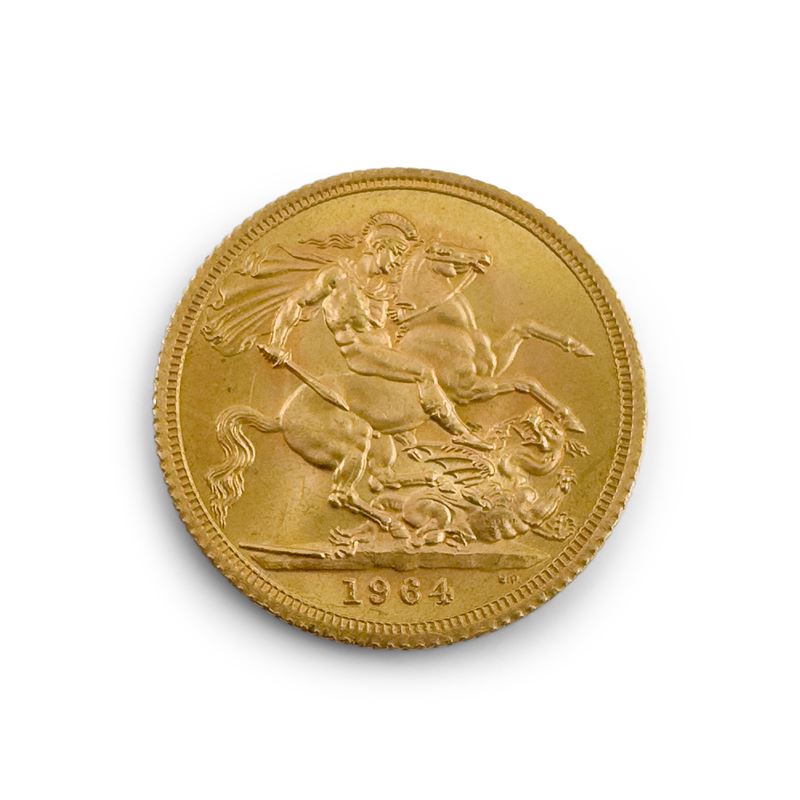 Sterlina in oro, 1964 — titolo 916,7‰, peso 7,98 g