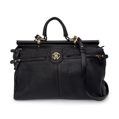 Roberto Cavalli, borsa a mano e a tracolla in pelle martellata nera con fodera animalier